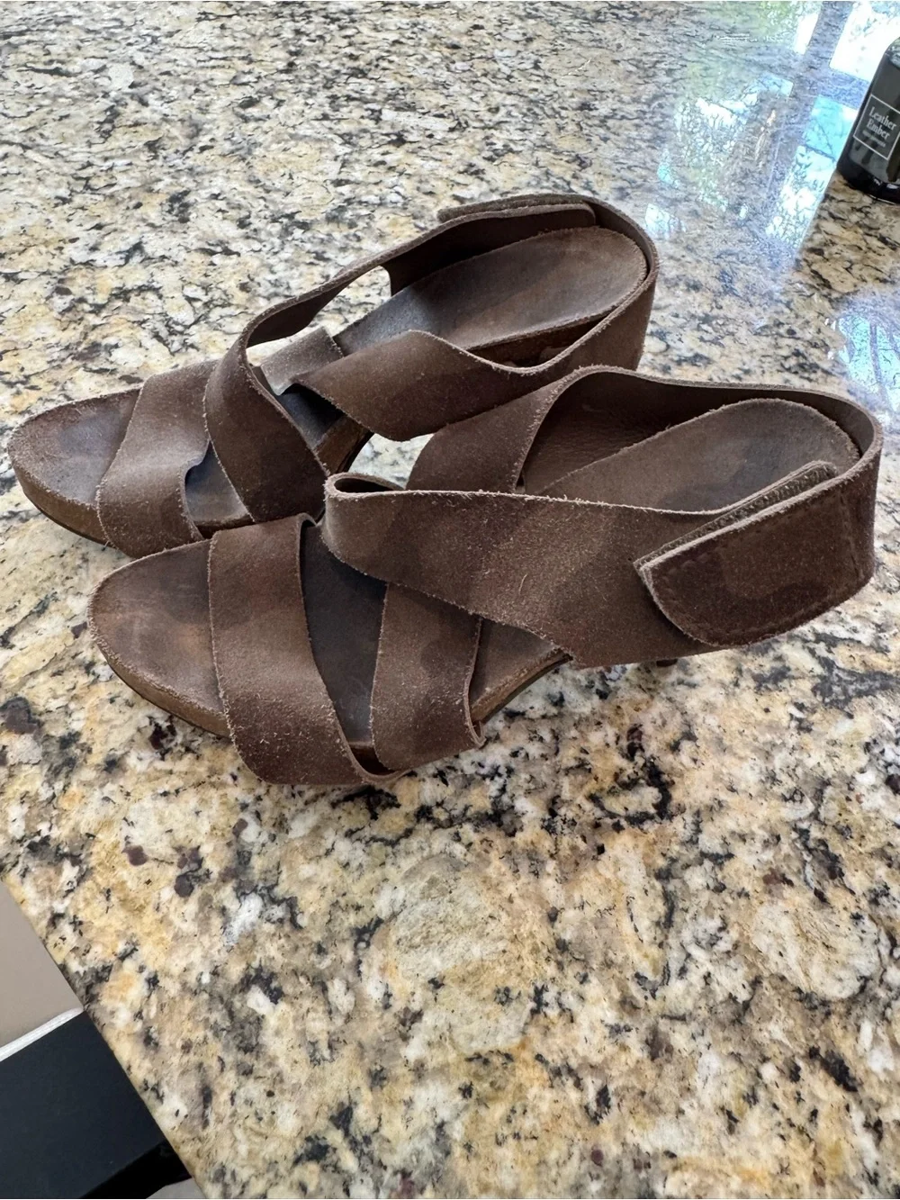 Pedro Garcia Taupe Suede Criss Cross Platform Sandals Heels Sz 36.5